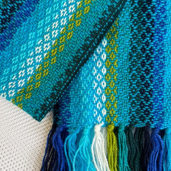 Alpaca Scarf Blue Green Striped Fringe Rectangle Woven Lightweight 8" x 58" - Picture 3 of 4